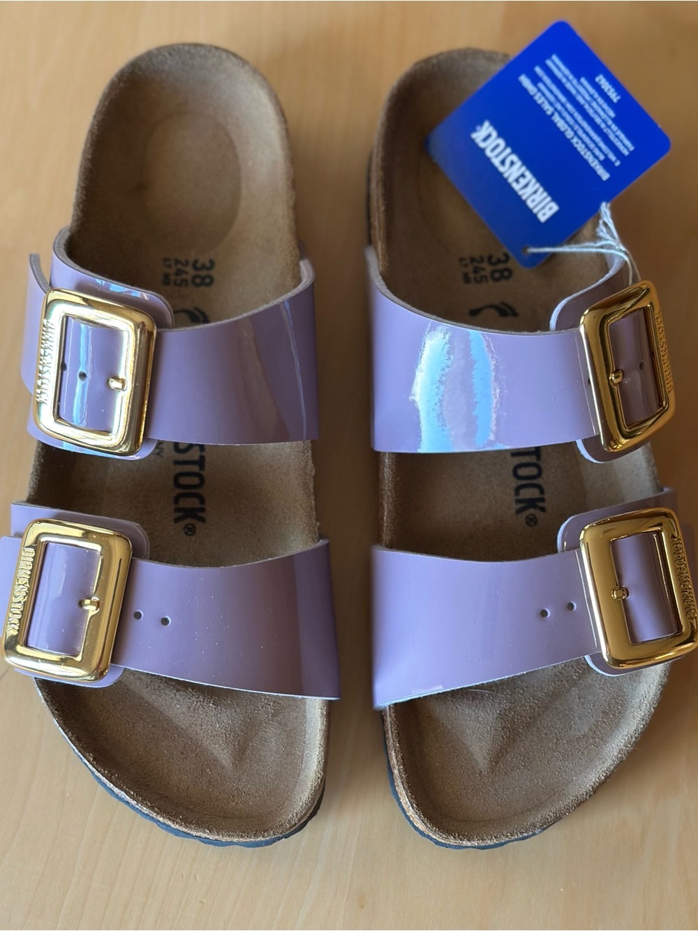 Birkenstock Women’s Arizona 38 Sydney Patent Sandals - Lilac with Gold Buckles